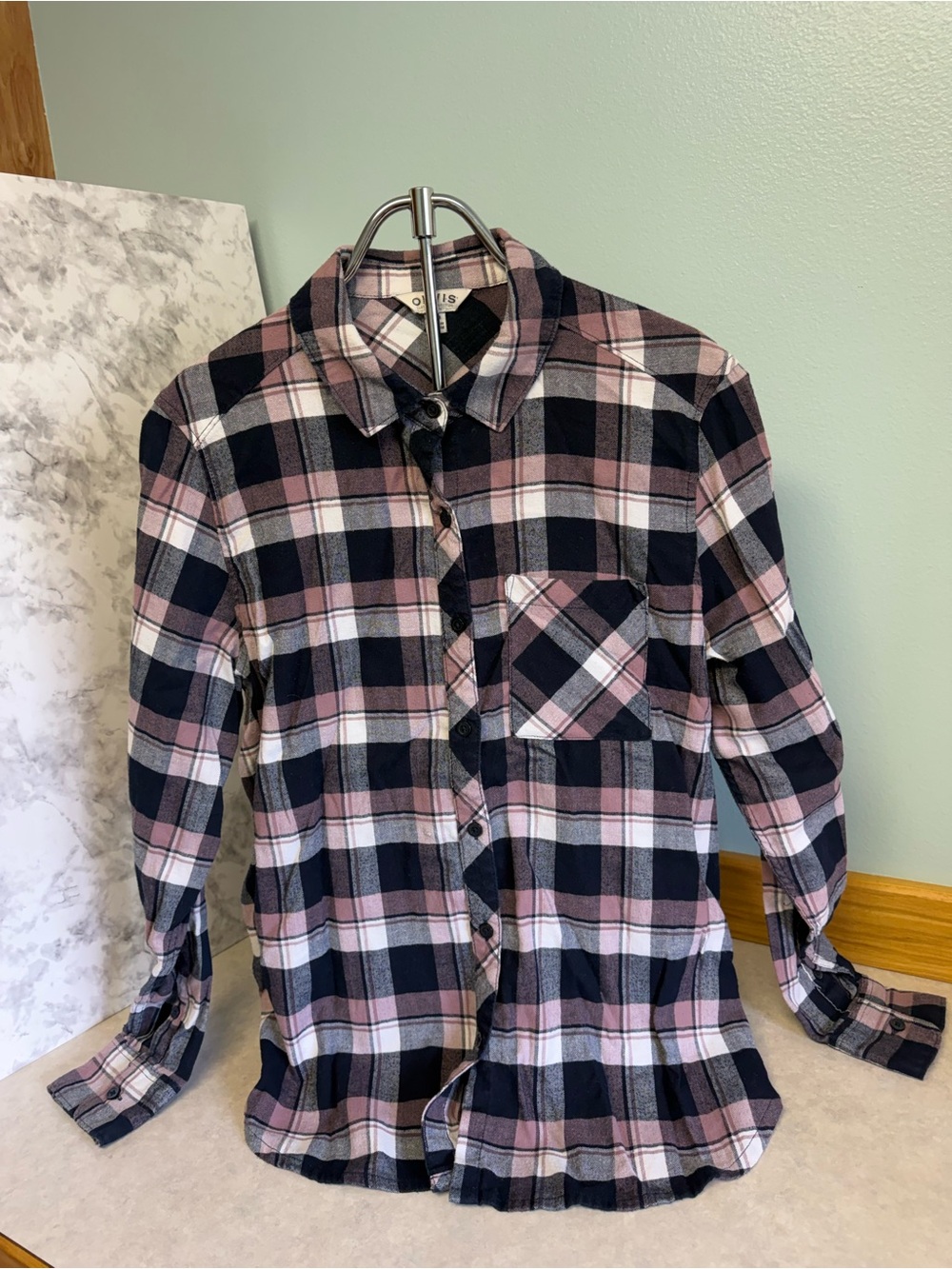 Orvis Plaid Flannel Button Front Shirt M Pink Gray Black Stretch